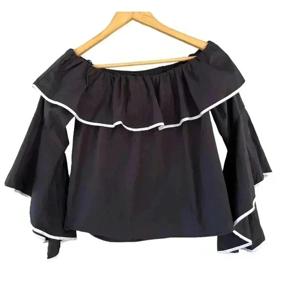 Zara Basic Women's Long Bell Sleeve Ruffle Blouse Size Small Black White - Picture 2 of 7